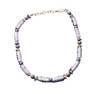 Vintage Cylinder Bead Necklace Onyx Brass and Silver Tones #1028